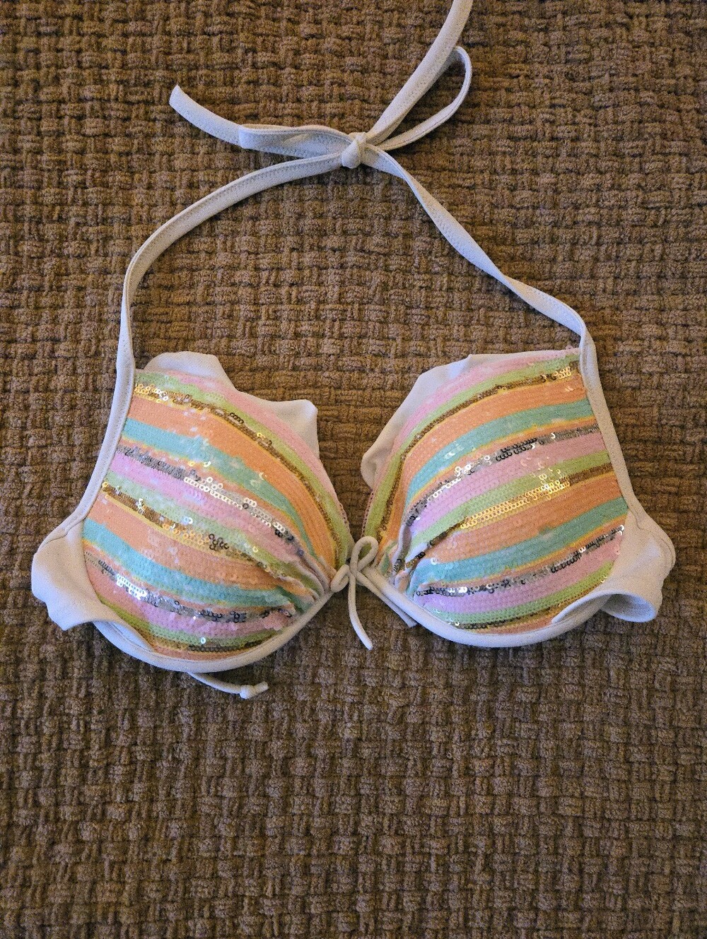 NWOT Victoria Secret Sequin Stripe Halter Bikini Top - White with Pastel 34D